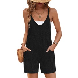 Ekouaer Rompers for Women Summer Casual Sleeveless Spaghetti Strap Maternity Jumpsuit Ribbed Vacation Shorts Overalls with Pockets Black XL