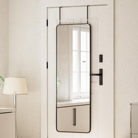 VooBang 14"x48" Full Length Over The Door Mirror, Aluminum Alloy Frame Full Body Mirror with Height-Adjustable Hangers, Hanging Leaning Against Wall for Dorm, Black