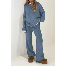 PRETTYGARDEN Women's 2 Piece Knit Sweater Outfit Casual Long Sleeve Pullover Wide Leg Pants Tracksuit Loungewear Set (Haze Blue,Medium)