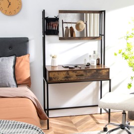 CHARMAID Rustic Vanity Table with 3-Height Adjustable Left or Right Mirror, Large Drawer, Cosmetic Brush Storage Bag Included, Sturdy Metal Frame, Industrial Style Makeup Dressing Table Writing Desk