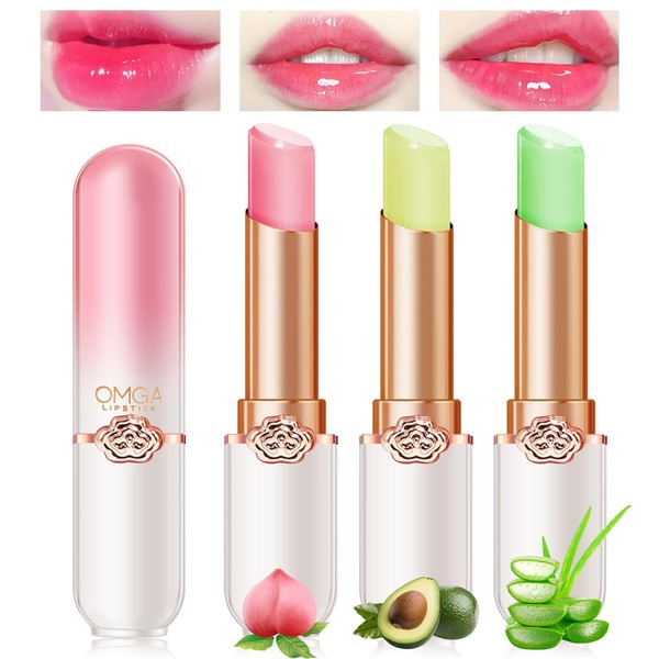 Likesing Pack of 3 Aloe Vera Lips Lipstick, Colour-Changing TemperatureMP Finding Colour-Changing Lipstick Set, Magic Lip Gloss Balm, Lipstick, 24 Hours Girls (3 Pieces (Avocado + Peach + Aloe)