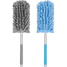 Lorpect - Plumero de microfibra para limpieza, plumeros con poste de extensión telescópico, mini plumero extensible lavable para limpieza de coche, ventana, muebles, oficina (azul y gris)