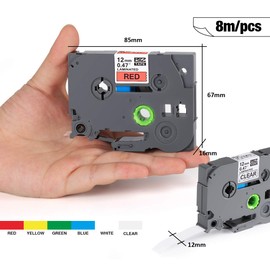 Pack of 6 Assorted Colours 12mm x 8m Tapes for Brother TZe Tape Printer Compatible with Brother P-Touch PT-1000, Black on White/Red/Blue/Yellow/Green/Transparent