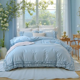 Merryword Light Blue Ruffle Comforter Set King, 100% Cotton Comforter Bedding Set Ultra Soft Breathable Bedding Coquette French Country Bedding Set