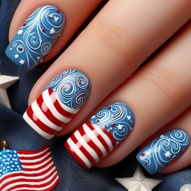 24Pcs July 4th Independence Day Press on Nails Medium Square Stars Red White Stipes Design Holiday Acrylic Nails Blue Artificial Stick on Nail Full Cover Patriotic Glossy Glue on Nails for Women