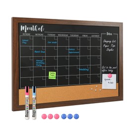 4 THOUGHT Chalkboard Calendar Corkboard Combo, 24" x 36" Large Bulletin Board Magnetic Calendar Chalkboard for Wall Combination Board Monthly Planner Rustic Brown Frame 2 Markers 6 Magnets 4 Pushpins