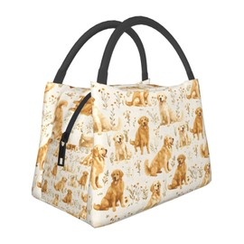ainori Golden Retriever Insulated Lunch Box for Girls Dog Lovers,Reusable Tote Bag with Vintage Floral and Puppy,Portable Lunchbox Handbag,Makeup Bags Organizer Gifts for Work Office,11x6.3x6.7in