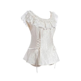 CR ROLECOS Victorian Blouse Women's A-Waist Renaissance Top Vintage Victorian Blouse Crew Neck with Ruffles, White, XXL