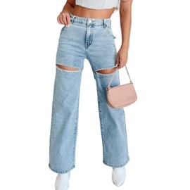 Kedera Women's Summer Denim Wide Leg Jeans High Waisted Bling Rhinestone Pearl Beaded Jeans