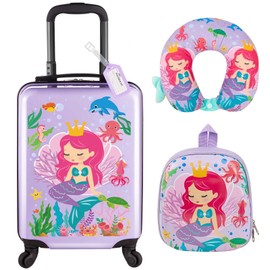 Sanwuta 4 Pcs Kids Luggage Set Kids Backpack Travel Rolling Suitcase with Wheels U-shape Pillow Christmas Gift for Girls Boys(20 Inch,Mermaid Style,Purple)