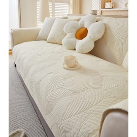 vCTops Soft Cotton Quilted Couch Cover Neutral Leaf Embroidery Anti Slip Sectional Sofa Slipcover Washable for Dogs, Children, Pets (Cream,28"x28")