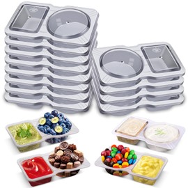 PIPUHA 12 Sets Double Compartment Condiment Container with Lid, Reusable & Disposable Snack Box for Sauces and Snacks for Meal Prep, Parties, and On-the-Go
