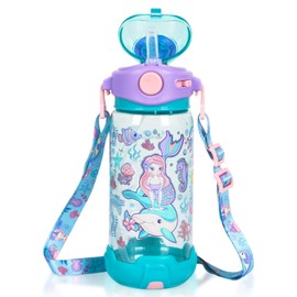 PinkSheep Kids Water Bottle with Straw/Lanyard 650ml BPA Free Child Drinking Water Bottle Leak-Proof Locking Flip Lid for Kids Girls Boys School Sport Travel (Mermaid)