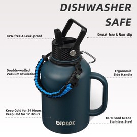 BJPKPK Large Insulated Water Bottles with Straw Lid & Handle, 50oz, 64oz, 87oz, 128oz Water Bottle with 3 Lids and Paracord Strap, Stainless Steel Metal Water Bottle, Insulated Water Jug, Navy Blue