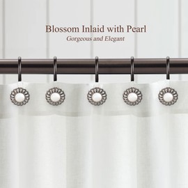 Oil Rubbed Bronze Shower Curtain Hooks Rings, Decorative Sunflower Shower Curtain Rings for Bathroom Shower Curtain Rods and Liner,Metal Shower Hooks, Floral Pearl Shower Rings for Curtain Set of 12
