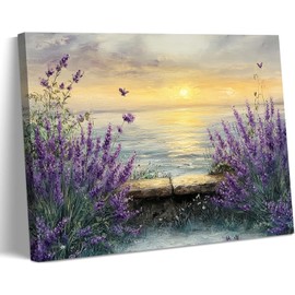 Coastal Sunset Lavender Canvas Wall Art Still Life Seascape Wall Decor Picture Floral Print Beach Theme Painting Artwork for Modern home decoration for living room and bedroom 12x16in