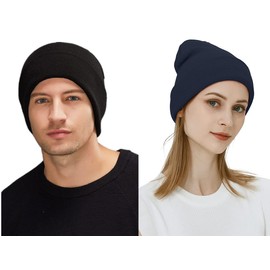 29 IYEBRAO 2-Pack Men's Standard Daily Beanie Hat Classic Cuffed Plain Skull Knit Winter Hat Cap for Men Women Warm Snug Slouchy Soft Headwear Unisex (Black & Navy Blue)