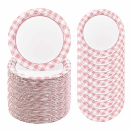 FALIZIFU 50 Pcs Light Pink Gingham Paper Plates 7 Inch Disposable Checkered Dinner Plates for Wedding Baby Shower Birthday Party Supplies Disposable Dessert Plate