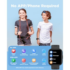BIGGERFIVE Kids Smart Watch, 1.8" Fitness Watch Pedometer, Heart Rate, IP68 Waterproof, Sleep Tracker, Calorie Step Counter, 5 Puzzle Games with/without APP for Girls Boys Teens 5-16