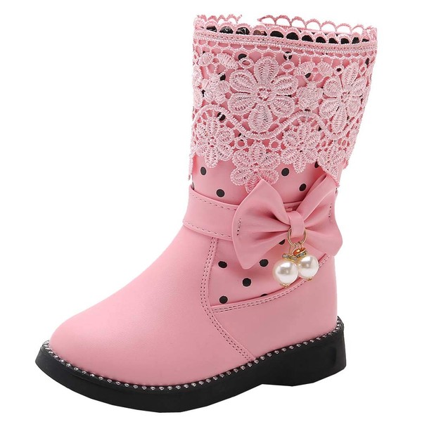 DADAWEN Girl's Waterproof Lace Bowknot Side Zipper Fur Winter Boots (Toddler/Little Kid/Big Kid) Pink(Update) US Size 13 M Little Kid