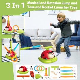 Bestbase 3 In 1 Musical Jump, Ring Toss Game, Rocket Launcher for Kids Outdoor Toys, Garden Games for Kids 1-5 with Remote Control, Toddler Garden Toys Outdoor Games for Kids Boys Girls Gifts