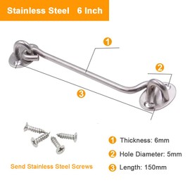 2Pcs Cabin Door Hook Eye Latch Lock Shed Gate Catch Silent Holder Stainless Steel 6"/150mm