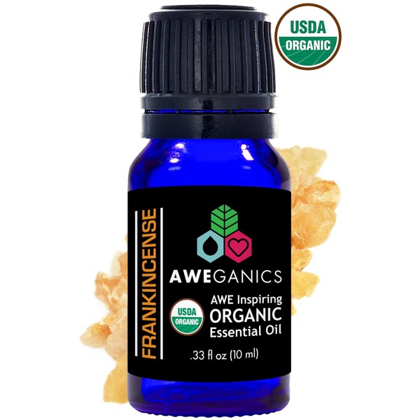 Aweganics Pure Frankincense Oil USDA Organic Essential Oils 100% Pure Natural Premium Therapeutic Grade, Best Aromatherapy Scented-Oils for Diffuser, Home, Office, Personal Use - 10 ML - MSRP $14.99