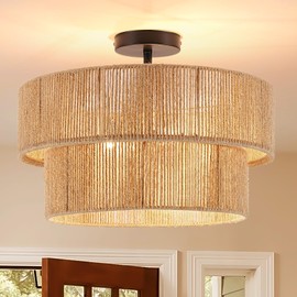 Fenluster Boho Semi Flush Mount Ceiling Light Rattan Ceiling Light 18" Farmhouse Ceiling Lamp with Natural Hemp Rope Lampshade for Dining Room Living Room Bedroom Kitchen
