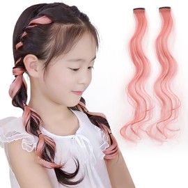 PUREAMBER Kids Hair Extensions, Dance, Children's Extensions, Seal Extensions, One-touch Extensions, Color, Hair Extension, Curly Hair, Recitals, Events (Set of 2) (Pink)