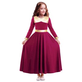 TLMNU Girls Praise Dance Dress Metallic Gold Liturgical Worship Church Robe Full Length Swing Lyrical Costume,Wine,Tag150