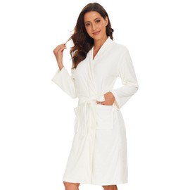 Vislivin Womens Lightweight Bathrobe Soft Kimono Robes Terry Cloth Bathrobe Knee Length Bath Gown White S