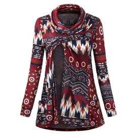 Joymom Breastfeeding Shirts for Women, Long Sleeve Nursing Tops, Heap Collar Maternity Tunic Irregular Hem Comfortable Pregnancy Clothes with Pocket Wine Floral Small