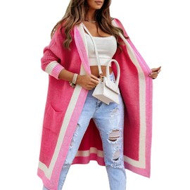Yimoon Cardigan Sweater for Women Color Block Open Front Hooded Long Cardigan Oversized Knit Sweater Outwear(Rose-L)