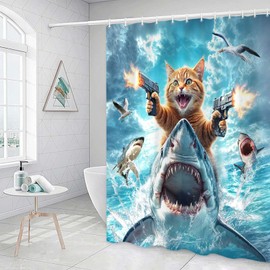 Funny Cat Shower Curtain for Kids, Cute Kitten Riding Shark Ocean Theme Hilarious Cool Fun Grey Blue Wave Animal Nautical Whale Boys Bathroom Sets Decor Fabric Polyester Waterproof 12 Pack Hooks