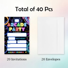 Yijiaqin Arcade Birthday Invitation - Arcade Party - 20 Neon Glow Invites With Envelopes For Boys,Girls, Kids, Teens Birthday Party Favors And Supplies - A11