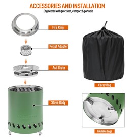 COOZOOM Portable Table Top Fire Pit: 5.5" Stainless Steel Mini Outdoor Stove with Stand, Low Smoke Burning Tabletop Firepit Fueled by Pellets or Wood, for Urban & Suburbs Outside Camping Green