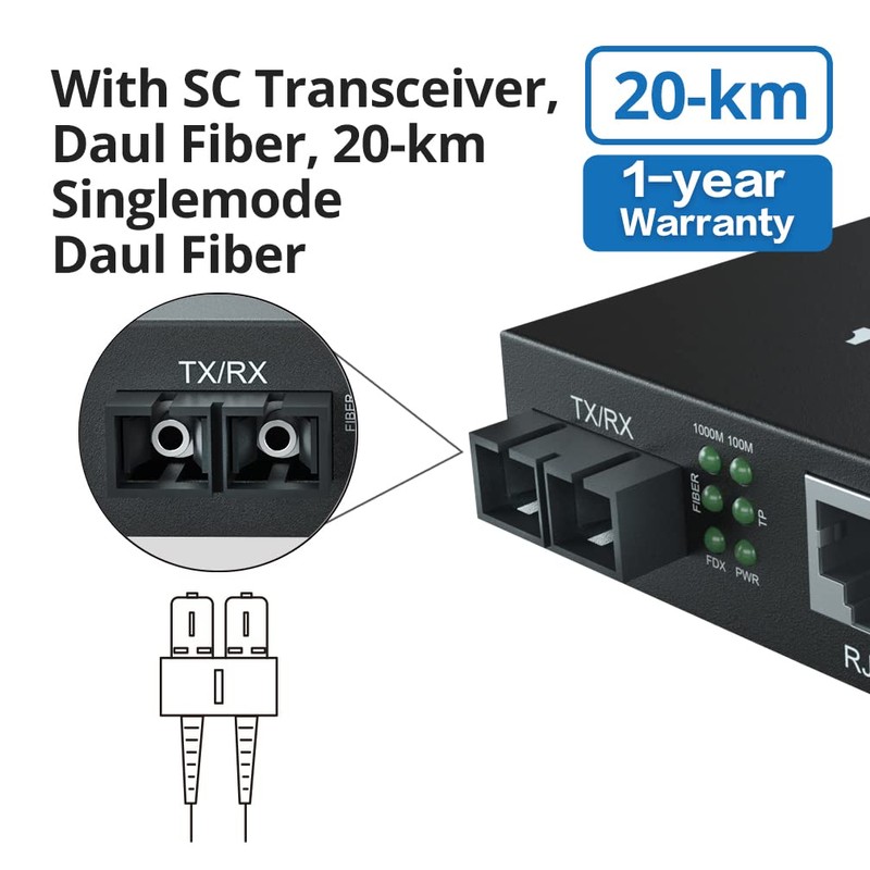 10Gtek Gigabit SingleMode Fiber to Ethernet Media Converter, Dual SC