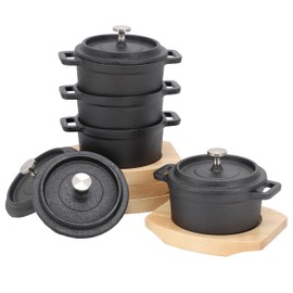 MegaChef Cast Iron 8 Ounce Mini Dutch Oven with Wood Tray, Cookware, Bakeware, Serveware (4 Piece)