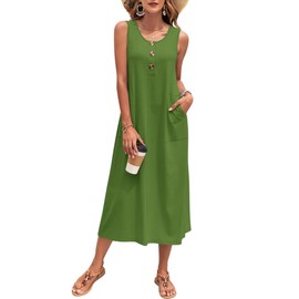 MOLERANI Womens Summer Maxi Dress Casual Sleeveless T Shirts Dress Loose Fit Long Beach Dress with Pockets Sun Dress,Army Green,XL