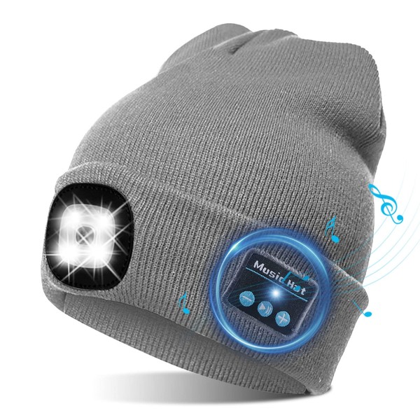 TAGVO USB LED Hat, Cap, Bluetooth 5.0 Hat, Built-in Stereo Speaker & Microphone, Winter Warm Knitted Lighting, Wireless Bluetooth Headset, Music Hat for Running, Hiking, Men/Women, grey