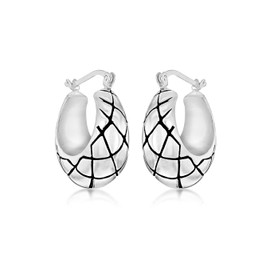 Tuscany Silver Women's Sterling Silver Oxidised Antique Style Quilt Pattern Creole Earrings, 19.5 x 21.5 mm