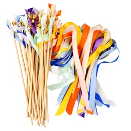 Pack of 30 White Ribbon Wedding Walls, Ribbon Wands Wedding Streamers Colourful with Bell, Champagne-Coloured Lace Fairy Stick for Birthday Christmas Holiday Celebrations (Mixed Ribbon)