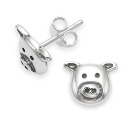 Sterling Silver Pig Face Stud Earrings - Size: 7mm. Gift Boxed Pig Earrings. 5115L
