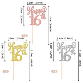 24 piezas de decoraciones para magdalenas 16, doradas, oro rosa, plata, purpurina, dieciséis vítores a 16 años, número 16 para magdalenas de cumpleaños para feliz cumpleaños 16, aniversario, fiesta, suministros de decoración de pasteles