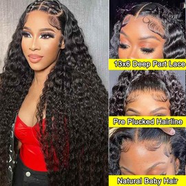 13x6 Lace Front Wigs Human Hair Pre Plucked Wet and Wavy Human Hair Wigs for Black Women Deep Wave Wig 180 Density Curly Lace Frontal Wig (13x6 Lace Black Color, 34 Inch)