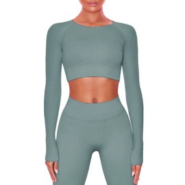 Buttergene Women Workout Sets 2 Pieces Long Sleeve Yoga Outfits Gym Clothes Seamless Ribbed Crop Top High Waist Leggings