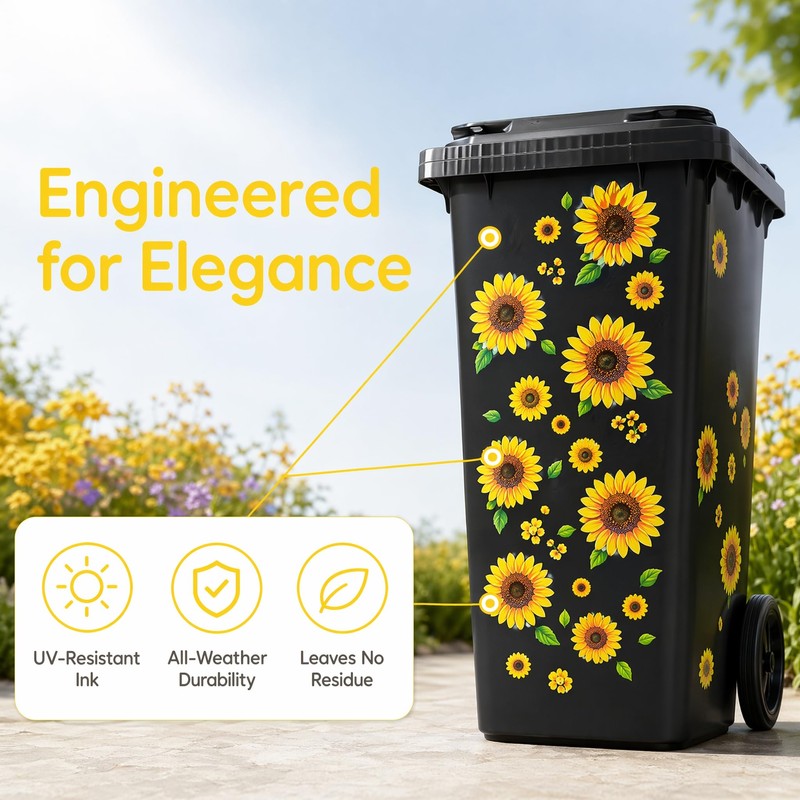 7 Pcs Sheets Wheelie Bin Stickers, Flower Dustbin Sticker Sunflower