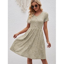 YATHON Summer Dresses for Women 2023 with Sleeves Cotton V Neck Button Down A Line Casual Dress Pockets(1-YT097-Khaki Floral 01,L)