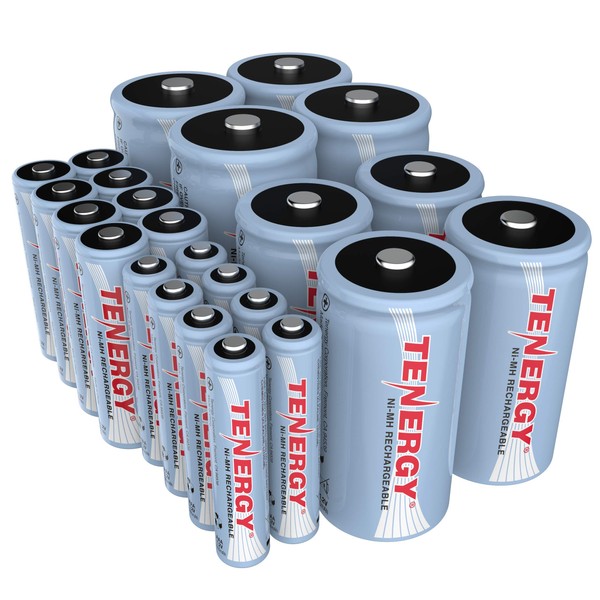 Tenergy High Drain AA AAA C and D Battery, 1.2V Rechargeable NiMH Batteries Combo, 8-Pack 2500mAh AA Cells, 8-Pack 1000mAh AAA Cells, 4-Pack 5000mAh C Cells and 4-Pack 10000mAh D Cell Batteries