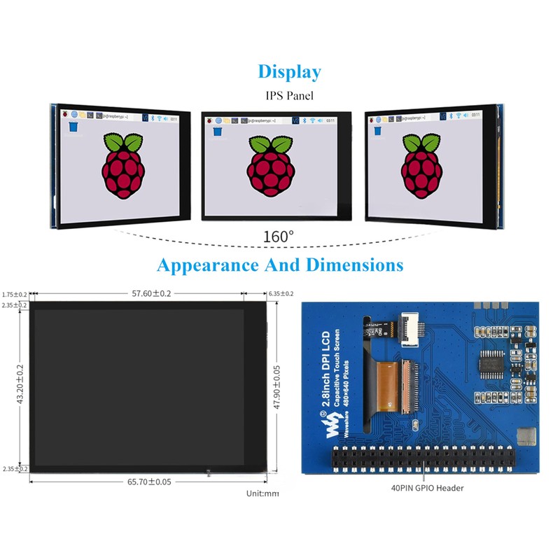 2.8inch DPI LCD Screen Compatible with RPi 5/4B/3B+/3B/3A+/Pi Zero/Zero W/WH/Zero